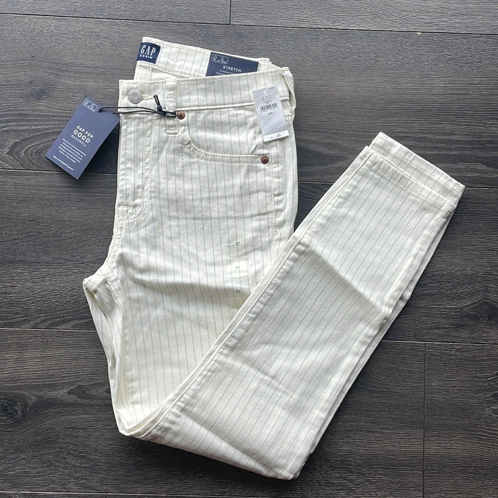 NWT New Gap jeans denim skinny ankle mid rise railroad stripe cream 27 4